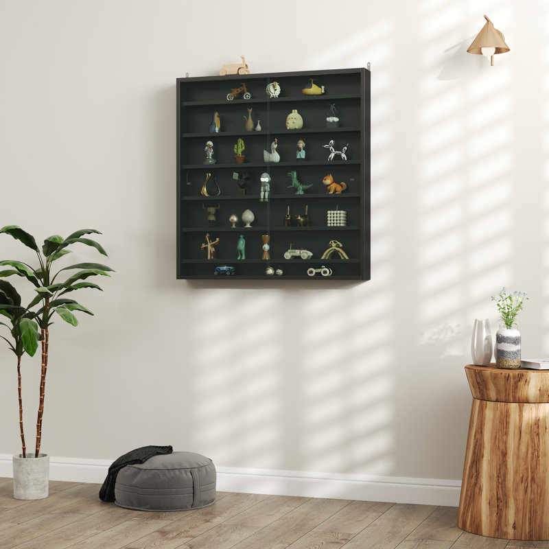 HOMCOM 7 Tier Wall Display Cabinet Shelves Glass Doors, Black