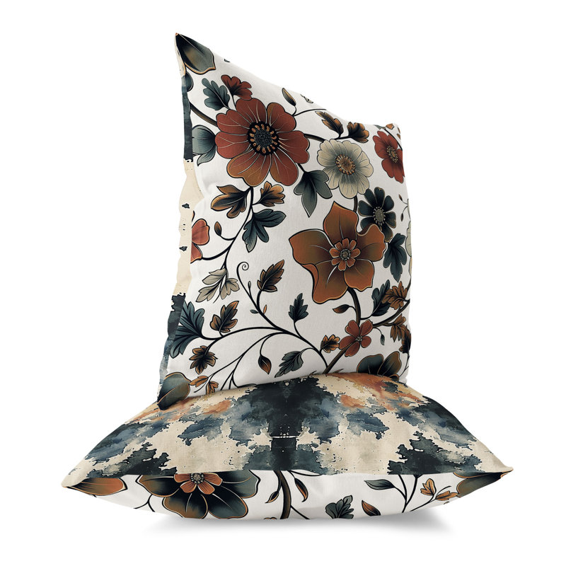 Coussin décoratif intérieur / extérieur Bloom and Chirp, Bleu / Orange, H 26 po x l 26 po