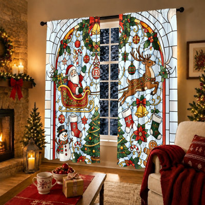 2Pcs Christmas Santa Sleigh Reindeer Snowman Gingerbread Man Pattern Light Filtering Window Curtains for Bedroom Living Room Kitchen Festive Holiday Decor