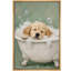 Tableau encadré représentant un chiot doré prenant un bain moussant, imprimé sur toile, à accrocher dans la chambre parentale.-133702887-133702888