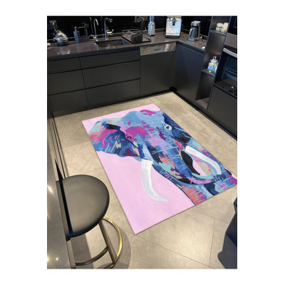 Pink Themed Elephant Animal Colored Decorative Machine Washable Rug