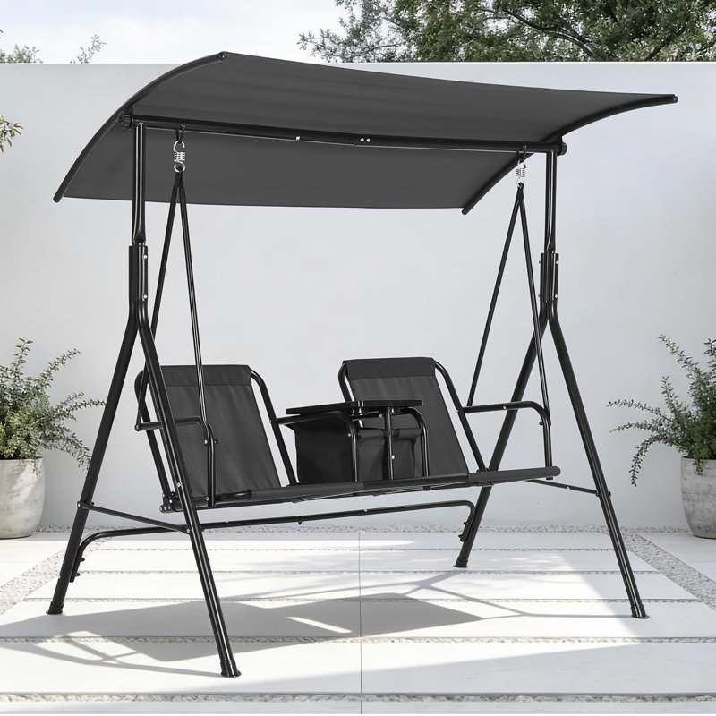 2-Person Porch Swing with Cup Holders, Pivot Storage Table & Cooler Bag, Adjustable Canopy, Steel Frame Outdoor Patio Swing for Backyard, Balcony & Poolside