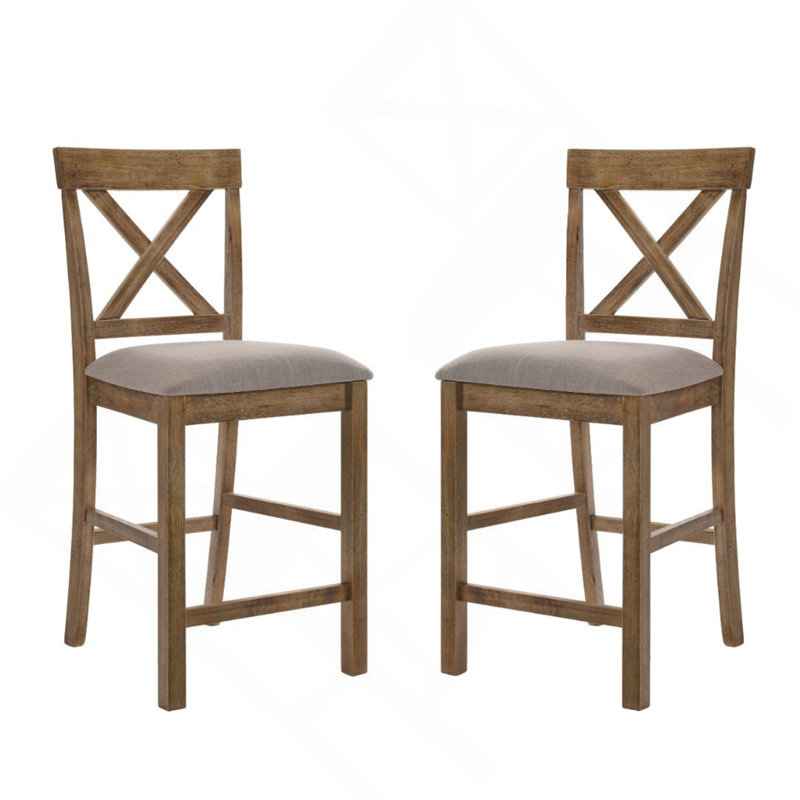 Ensemble de 2 chaises à hauteur de comptoir revêtues de lin, brun clair et chêne vieilli