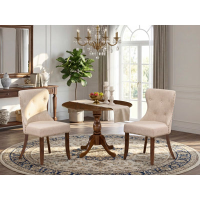 Ensemble de coin repas 3 pièces pour petits espaces comprenant une table de salle à manger ronde avec Dropleaf et 2 chaises rembourrées en tissu de lin brun clair, noyer antique