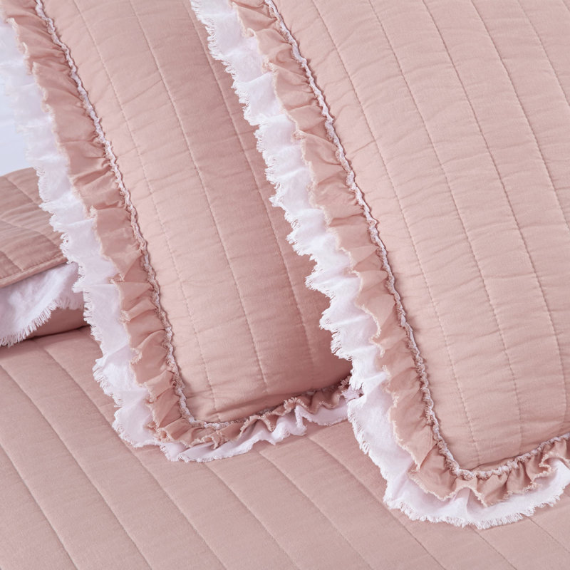 Bonnie Double Frayed Ruffled Edge Cotton Quilt Set, White/Blush, Twin Quilt + 1 Standard Sham