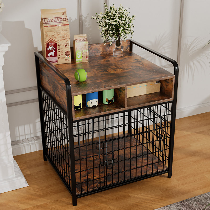 Small Dog Crate Furniture With Drawers Storage, Puppy Dog Kennel Indoor With Double Doors, Heavy Duty Wooden Dog Cage Table, Sturdy Metal