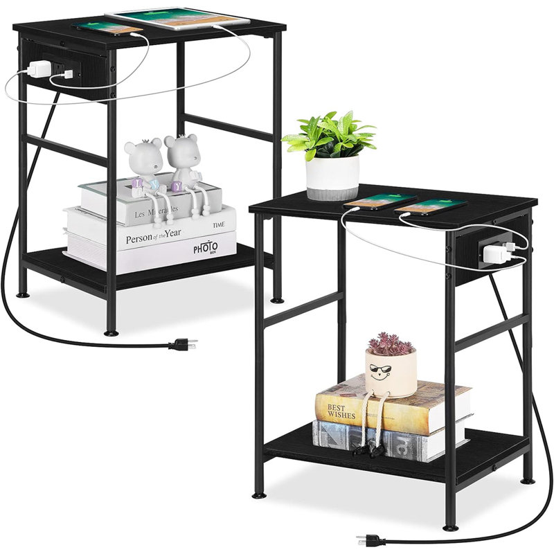 Buhler End Table Set and Built-In Outlets, Black