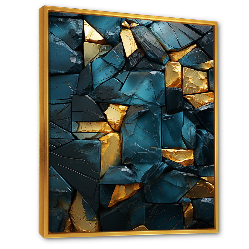 Décoration murale bleue et dorée Elegance I - marbre, Cadre flottant doré, H 32 po x l 16 po x P 1 po