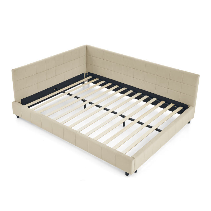 Corner Bed With Grid Design, Modern Space-Saving Daybed, Beige, Full