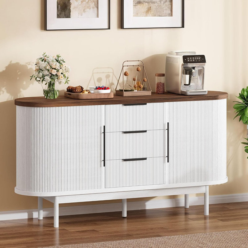 Buffet cannelé cannelé - 3 grands tiroirs avec tablette réglable et porte coulissante, café moderne pour la cuisine ou le vestibule, blanc et brun