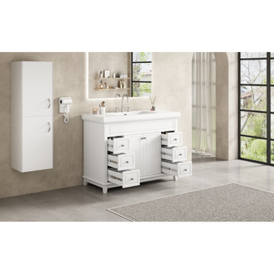 [Vidéo] Meuble-lavabo de 48 po avec lavabo en résine, 6 tiroirs à fermeture en douceur et portes doubles avec tablettes à 2 niveaux, pieds en pin massif, blanc (même SKU: N759S351752K)