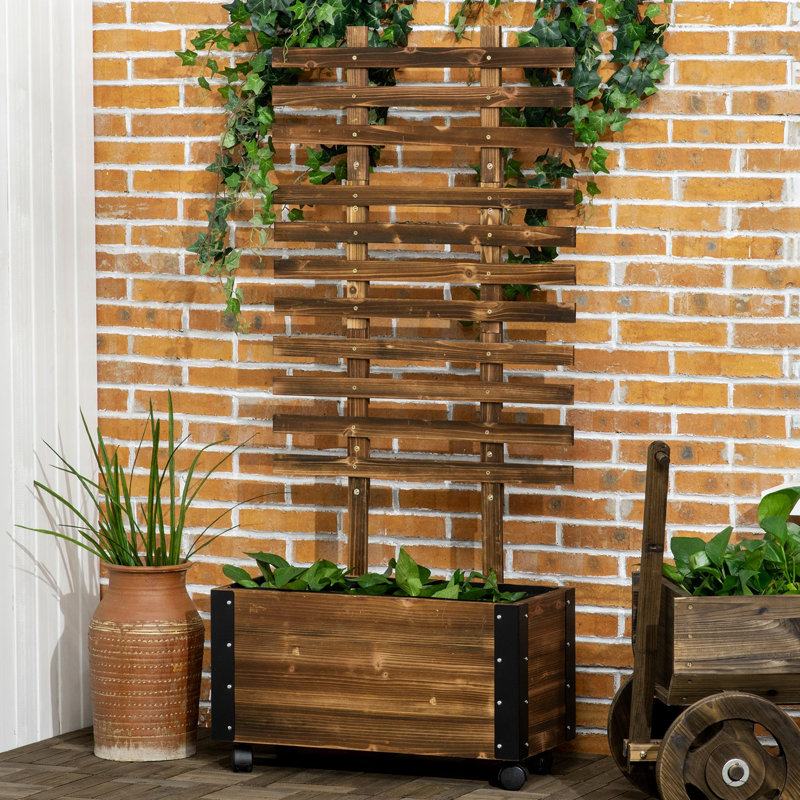 Garden Bed With Trellis And Wheels, 58" Outdoor Wooden Planter. Metal Framework, Self-Draining, For Plant Health Nurturing, Brown Elevated Box Trellis, Planter Wheels. Double Support, Flower Planting,