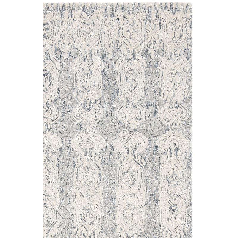 Samaniego Hand Tufted Viscose/Wool Geometric Rug in Ivory/Blue, Rectangle 3' x 5'