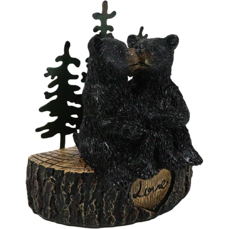 Rustic Black Bear Couple Kissing On Love Tree Ring With Pine Trees Figurine
