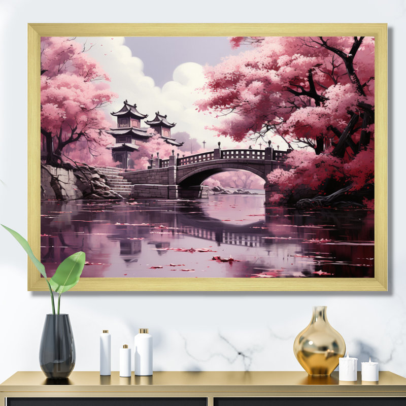 Art japonais, fleur de cerisier rose, pont, Japon, Cadre doré simple, H 34 po x l 44 po x P 1,5 po