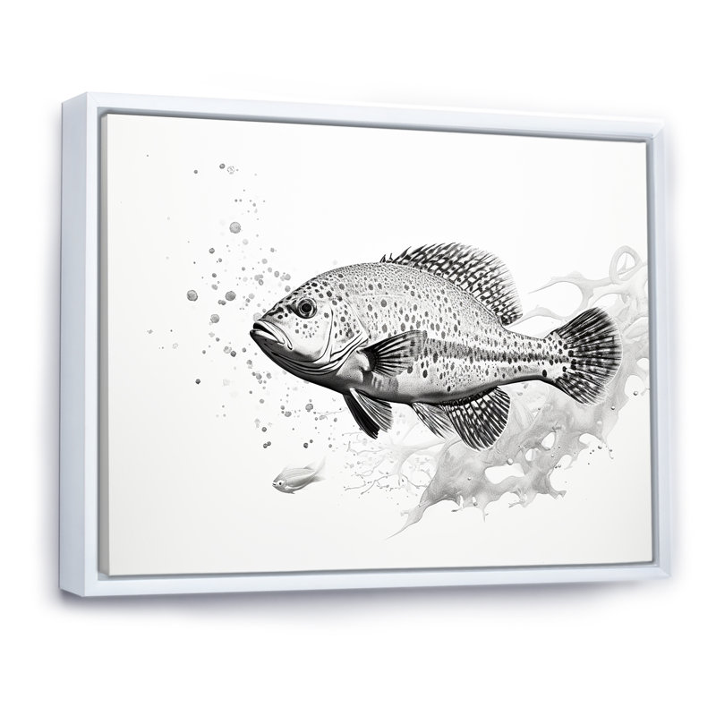 Impression sur toile monochrome de poissons noirs et blancs, Cadre flottant blanc, H 12 po x l 20 po