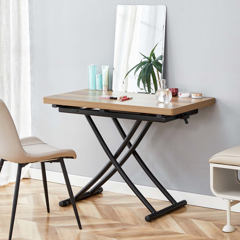 Table élévatrice multifonctionnelle moderne avec plateau en panneau de fibres à densité moyenne de 0,8 po d'épaisseur et pieds en métal noir, pouvant être utilisée comme coiffeuse, table basse, table de salle à manger et table de bureau.