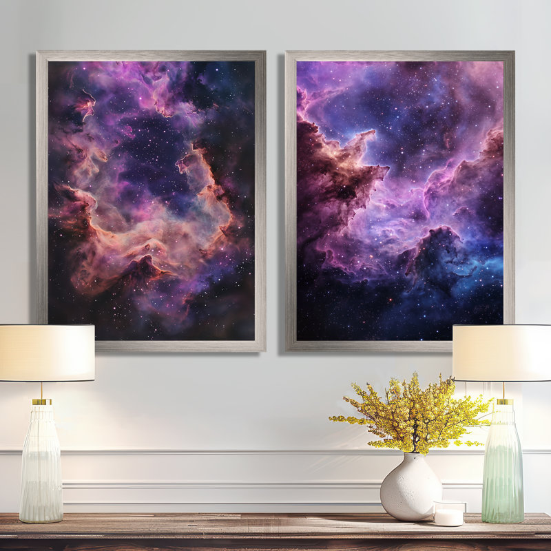 «Ethereal Dream of Nebula I», art mural sur toile, astronomie, 2 pièces, H 32 po x l 48 po, Cadre photo argenté