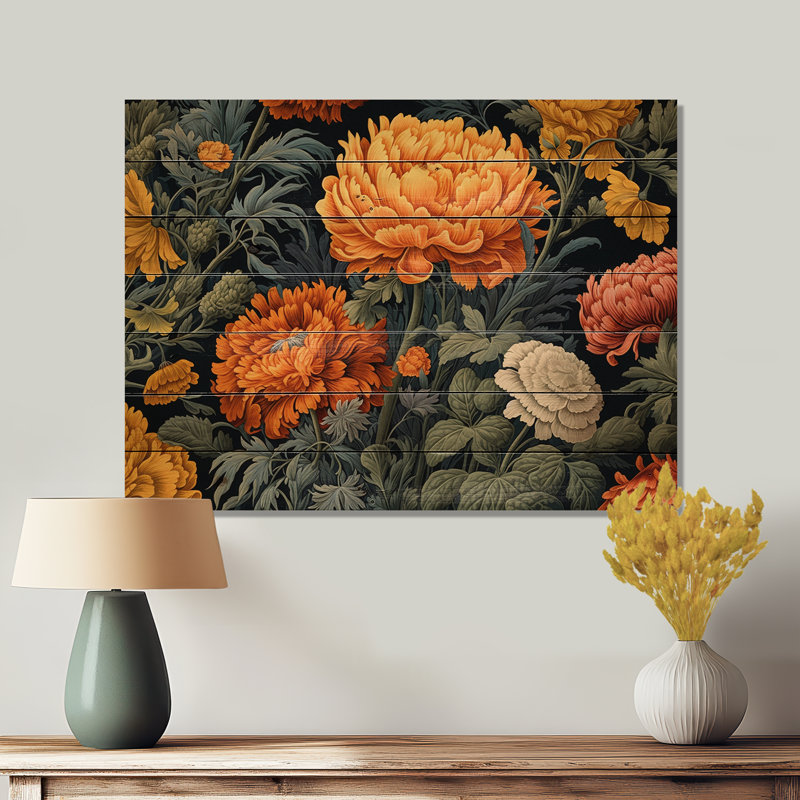 Éclat de souci orange et vert II sur bois, H 10 po x l 20 po x P 0,78 po