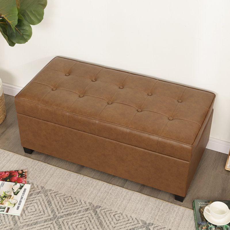 40" Faux Leather Storage Ottoman Bench With Tufted Button, Brown