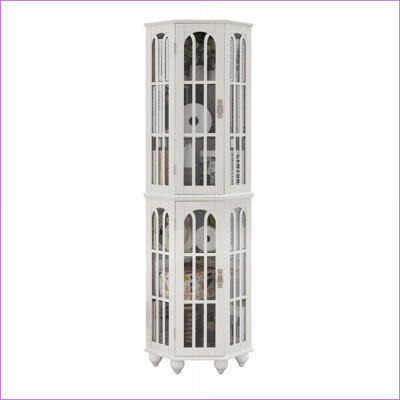 Armoire de coin avec 4 tablettes réglables en verre trempé, éclairage, pieds en bois massif Miroir Bois aggloméré + verre, bois massif + bois aggloméré | Shabby Chic