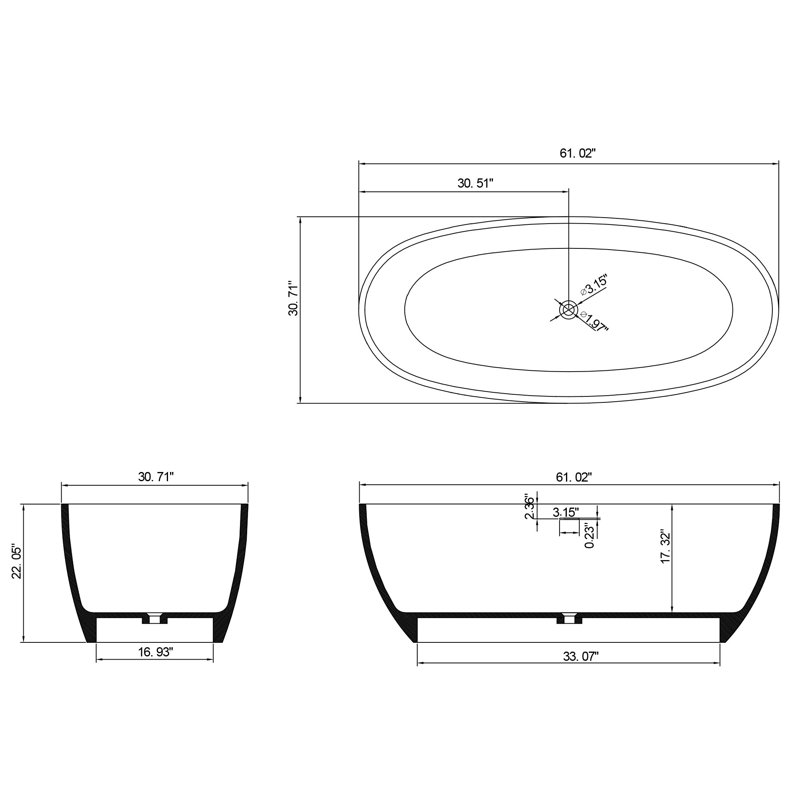 60.9 In. X 30.58 In. Stone Resin Solid Surface Freestanding Flatbottom Soaking Bathtub With Drain In Matte White