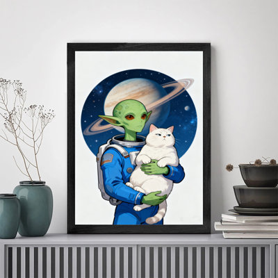 «Alien» encadré noir tenant un joli chat blanc dans l'espace, impressions sur toile de style rétro