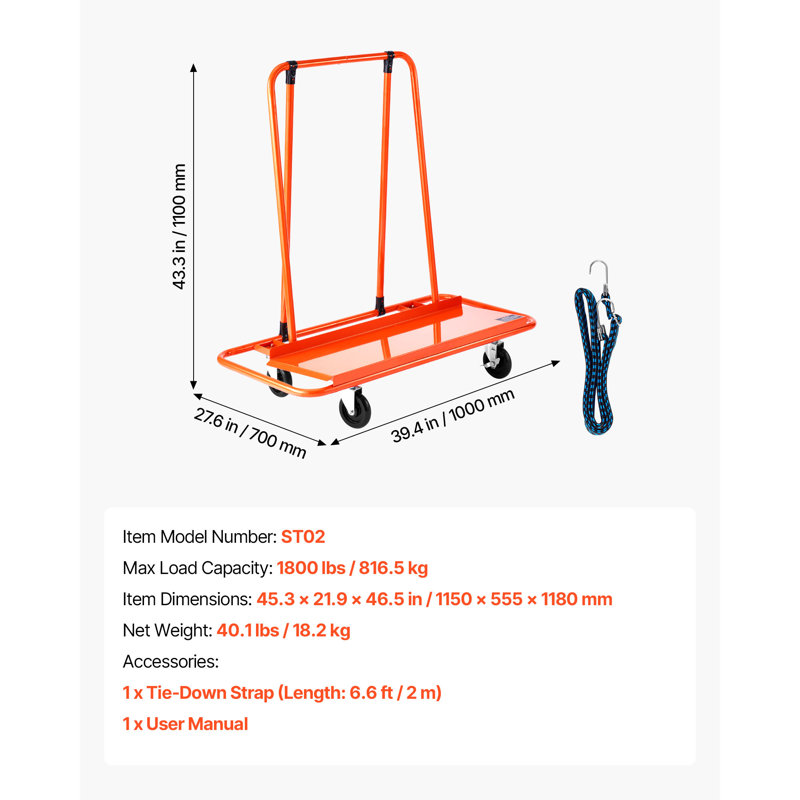 Drywall Cart Dolly 1800 lbs Load Steel Panel Dolly Handling Plasterboard