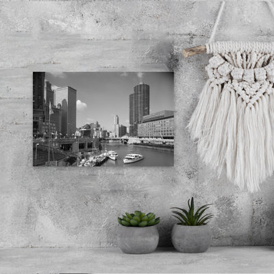 1960s CHICAGO RIVER FROM MICHIGAN AVENUE SUN TIMES BUILDING ON RIGHT AND BOATS IN RIVER 1 Piece Wrapped Canvas Wall Art