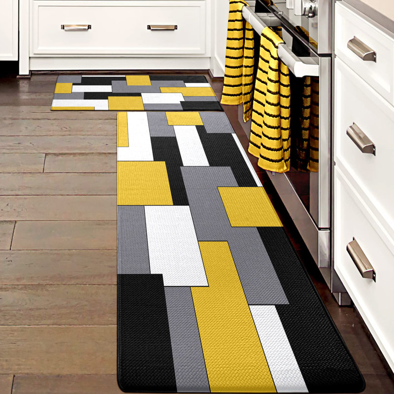 Anti Fatigue Kitchen Rugs Set of 2, Yellow/Gray