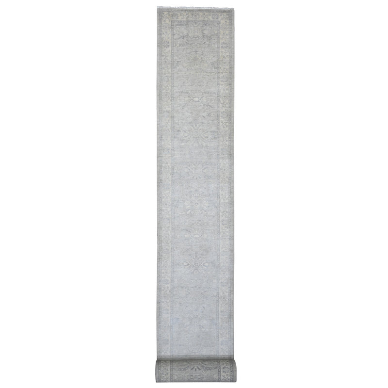 Tapis oriental gris 2 pi 10 po x 31 pi 9 po, gris délavé, avec motif sur toute la surface Heriz, laine tissée dense, noué à la main