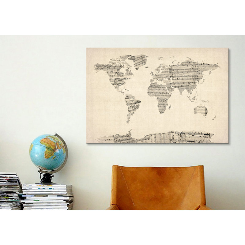 « old sheet music world map » par michael thompsett, impression sur toile, H 12 po x l 18 po x P 1,5 po