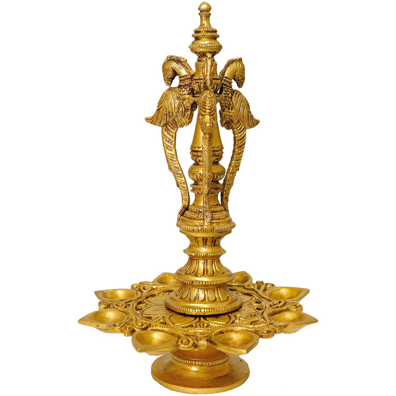 10" Handcrafted Brass Peacock Puja Lamp – Traditional Diya Oil Lamp Stand with Antique Finish (Spiritual Home Décor)