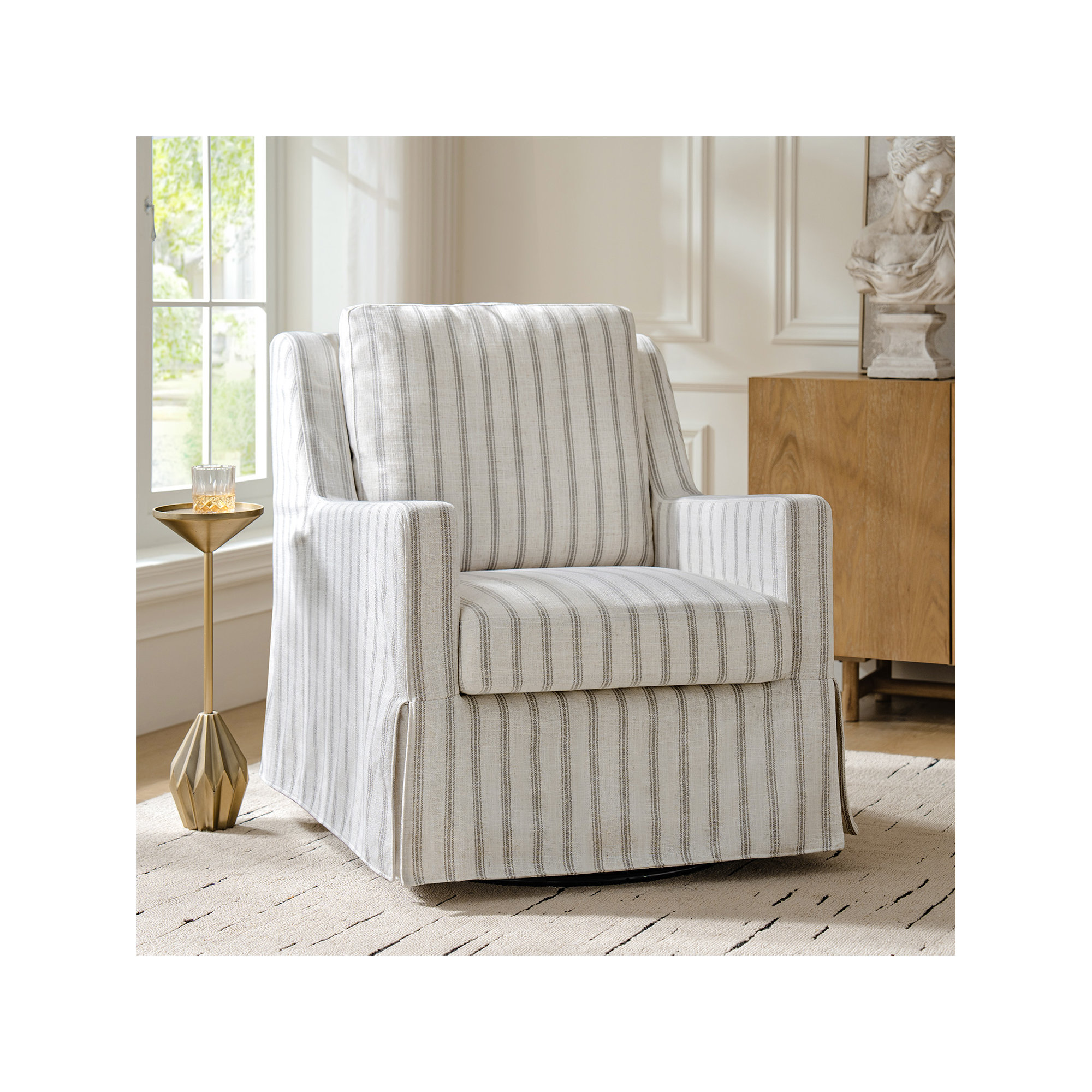 Minni Farmhouse Swivel Rocking Chair, Gray Striped