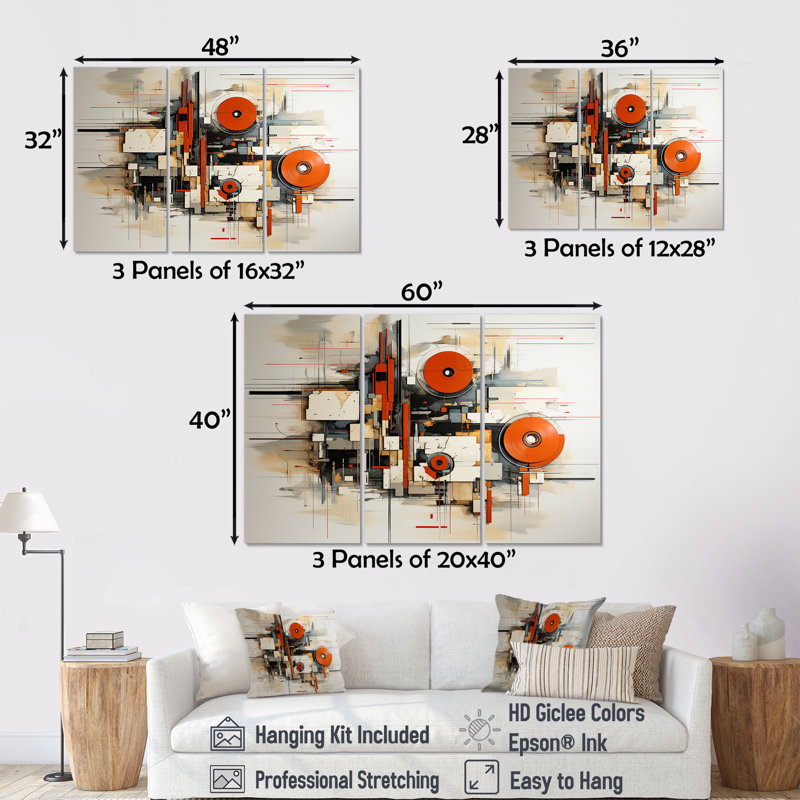 Britany - ensemble de décoration murale géométrique, Toile tendue, H 32 po x l 48 po x P 1 po
