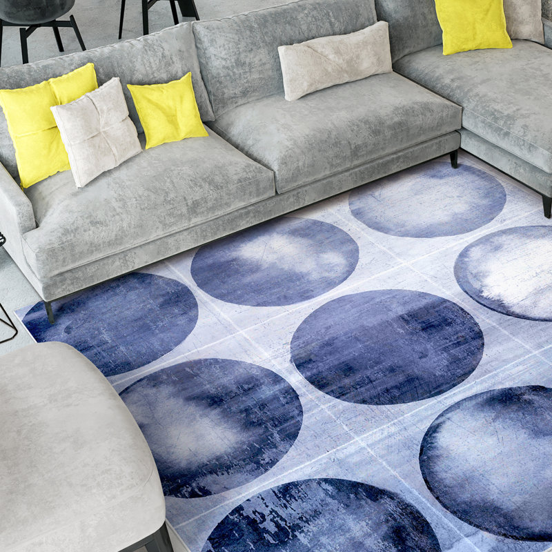 Circles of Blue I Washable Geometric Art Area Rug size 8'x10', Softness with Non-Slipping Backing