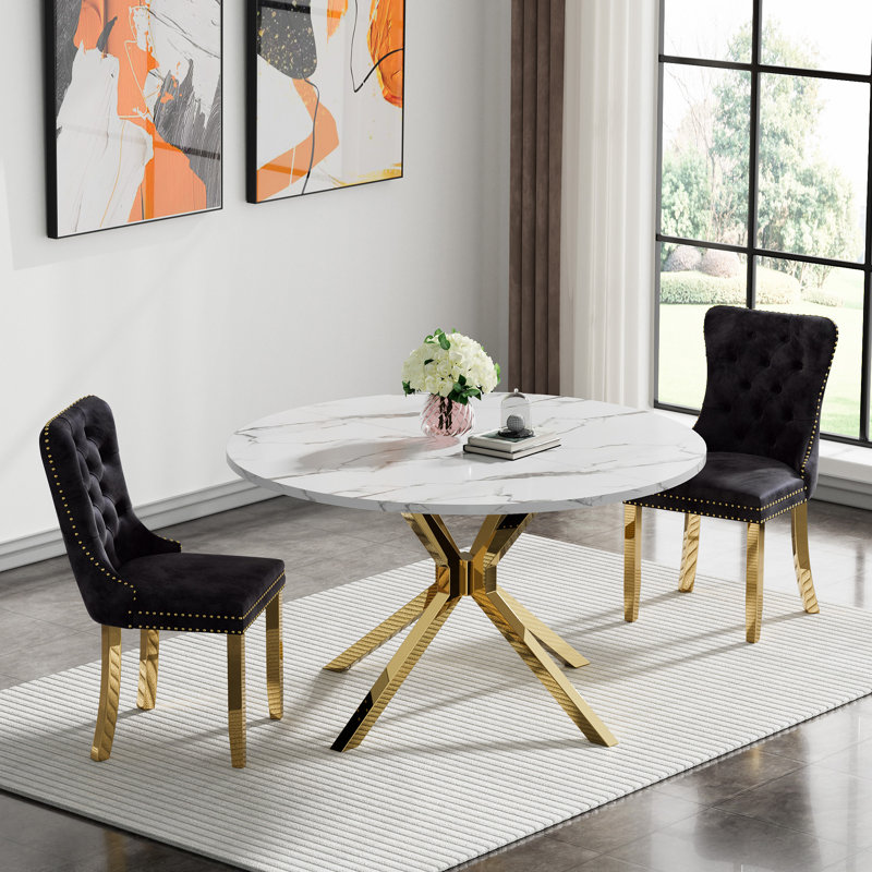 47.2" Dining Table Set for 4, Round Kitchen Table with Stainless Steel Pedestal, Circle Dining Room Table with Tufted Dining Chairs, Modern Dining Set for Kitchen Living Room