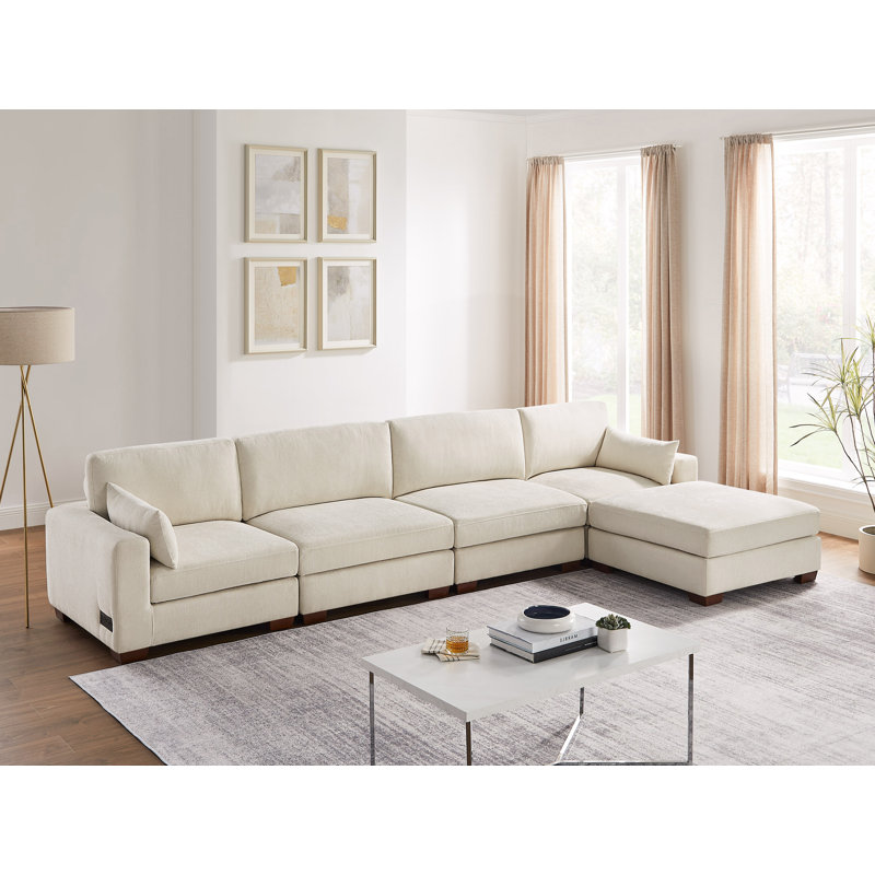 Chayten 5-Piece Upholstered Sectional Couch With 2 USB Ports, 1 Portable Ottoman, Beige Polyester