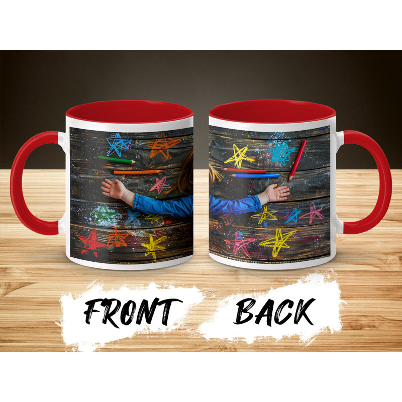 Kids Drawing Style 11oz Accent Mugs – Ceramic Coffee Cup with a Red Handle and Interior