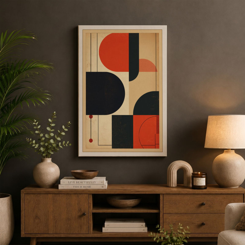 Red Forms Geometric - Wrapped Canvas, 36x24 - 91.4 x 61.0 cm, Cream Border