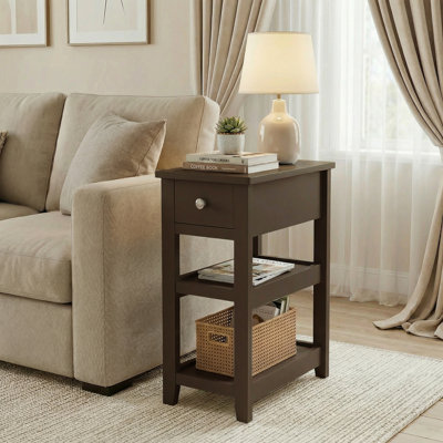 24'' Tall End Table, Narrow Side Table with Drawer and Shelves for Small Space