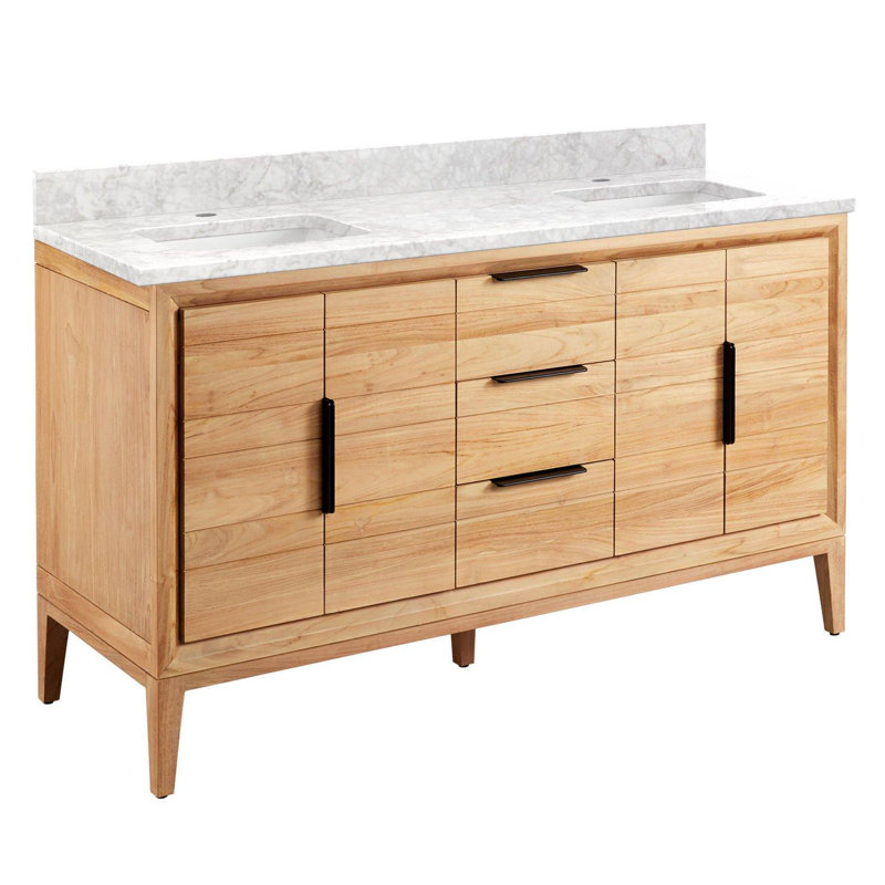 Meuble-lavabo double 60 po Aliso, Marbre de Carrare, Monocentre centré, Teck naturel