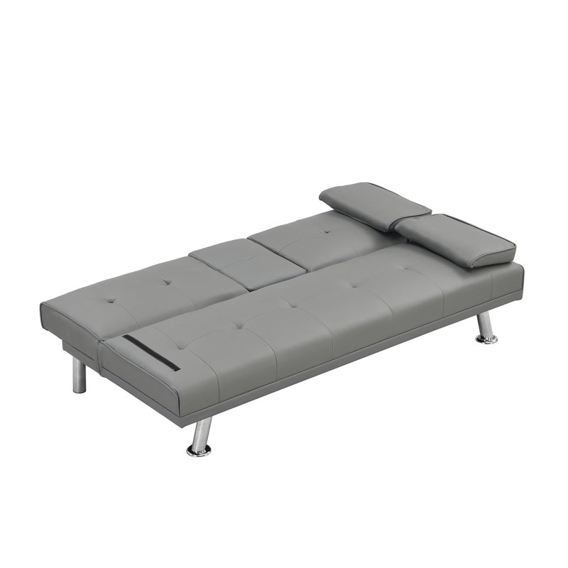 Sofa Bed With Armrest Two Holders WOOD FRAME, STAINLESS LEG, FUTON GREY PVC