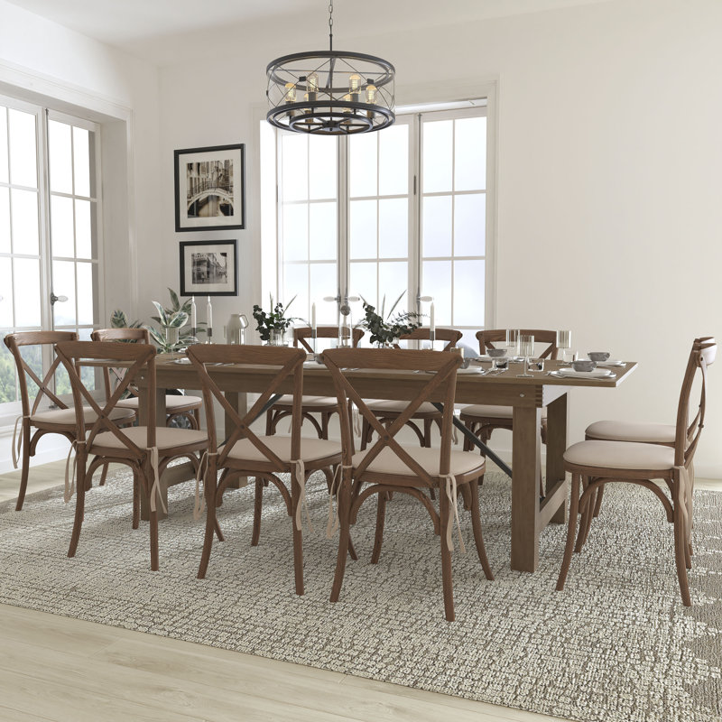 Aylar Rustic Folding Farm Table Set with Cross Back Chairs and Cushions, 30" H x 40" W x 96" L, 11 Pieces: Table, 10 Chairs