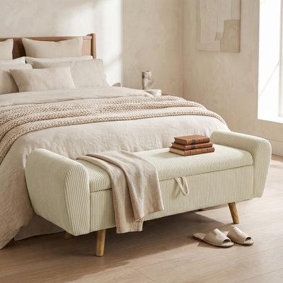 Repose-pieds avec rangement, banc de bout en velours côtelé 59 po avec accoudoirs, beige