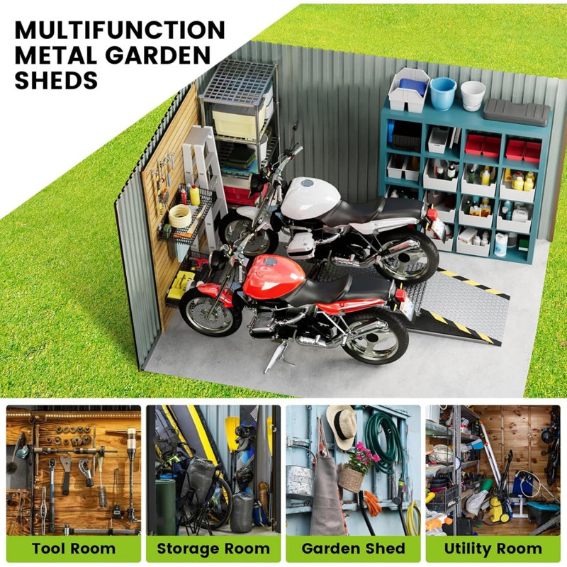 8x8 Ft Brown Waterproof Outdoor Metal Storage Shed with Lockable Doors for Backyard, Bike Equipment and Tool Storage, Brown