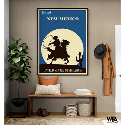 Affiche de voyage du Nouveau-Mexique, impression d'affiche Cowboy bleu marine, décor de bar occidental, art mural rétro sud, impression encadrée de restaurant de cow-boy
