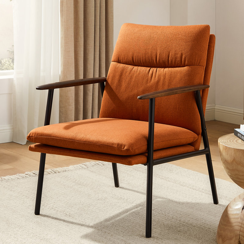 Fabric Upholstered Accent Armchair With Metal Frame And Wooden Armrests, Orange