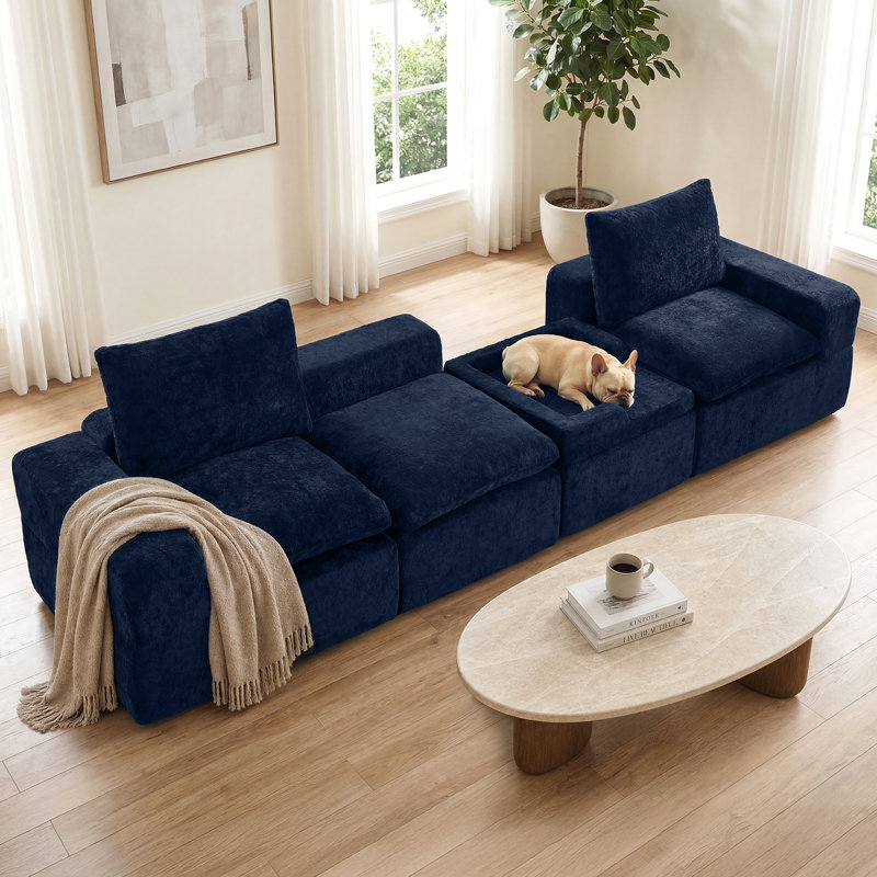 Canapé modulaire en chenille écrasé bleu marine avec repose-pieds détachable pour lit pour animal de compagnie, siège nu sans siège