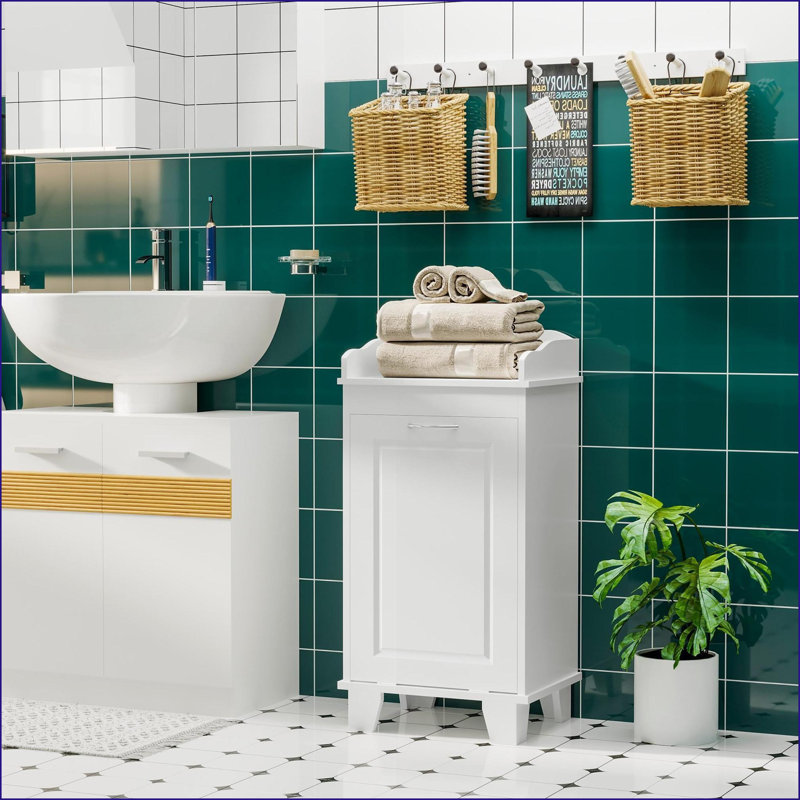 Armoire de rangement pour salle de bain, panier à linge inclinable autoportant H 31 po | Blanc cassé | Bois d'ingénierie